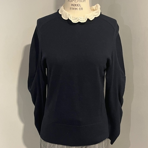 Sea NY Navy Blue Balloon Sleeve Wool Sweater Removable Cotton Eyelet Collar MED - Picture 4 of 8